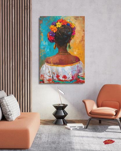 Mexican Art, Textured Mexican Woman Painting, Flower Crown Latina Mexican Decor, Canvas Wall Art, Framed Canvas Print, Extra Large Oversized
