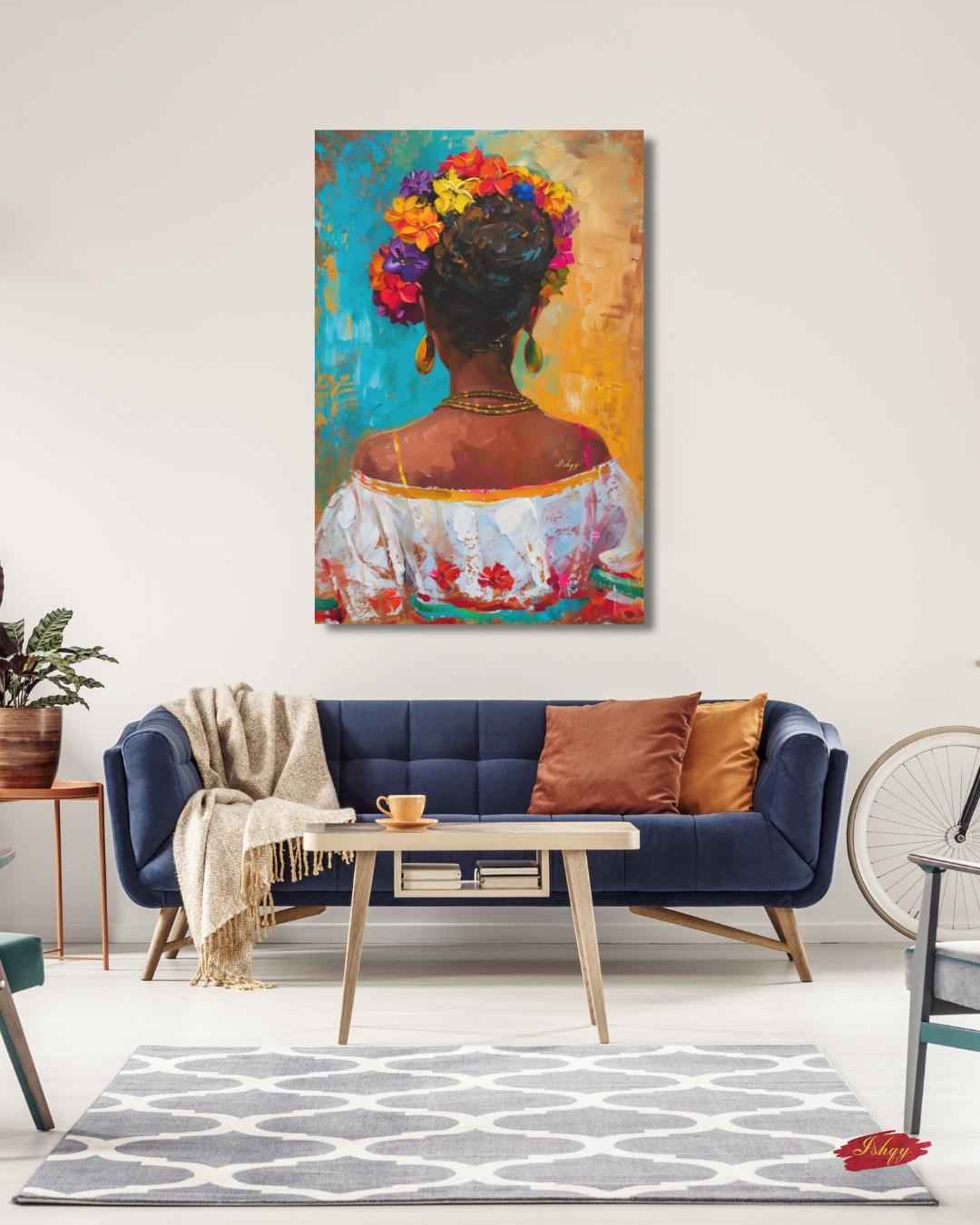 Mexican Art, Textured Mexican Woman Painting, Flower Crown Latina Mexican Decor, Canvas Wall Art, Framed Canvas Print, Extra Large Oversized