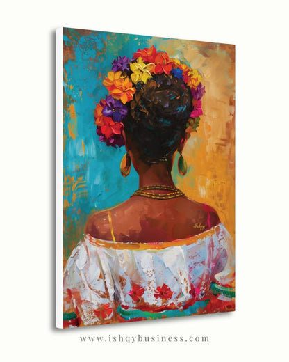 Mexican Art, Textured Mexican Woman Painting, Flower Crown Latina Mexican Decor, Canvas Wall Art, Framed Canvas Print, Extra Large Oversized