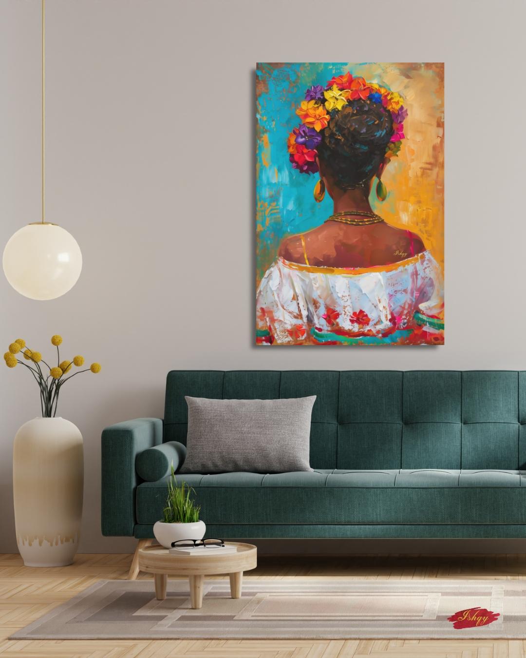 Mexican Art, Textured Mexican Woman Painting, Flower Crown Latina Mexican Decor, Canvas Wall Art, Framed Canvas Print, Extra Large Oversized