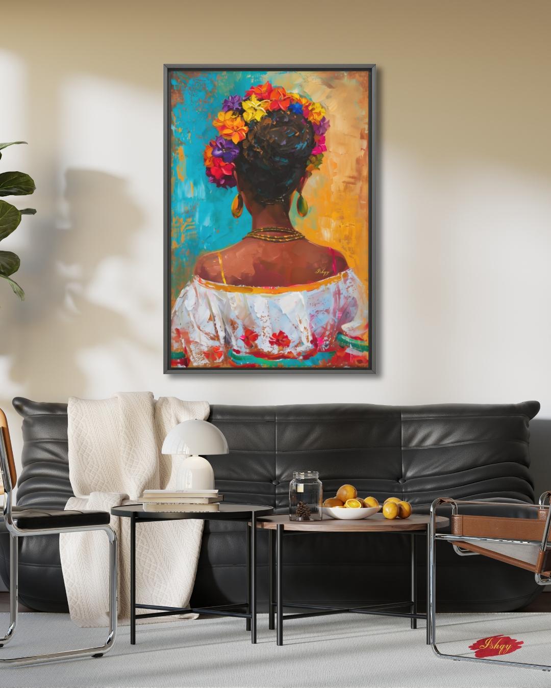 Mexican Art, Textured Mexican Woman Painting, Flower Crown Latina Mexican Decor, Canvas Wall Art, Framed Canvas Print, Extra Large Oversized