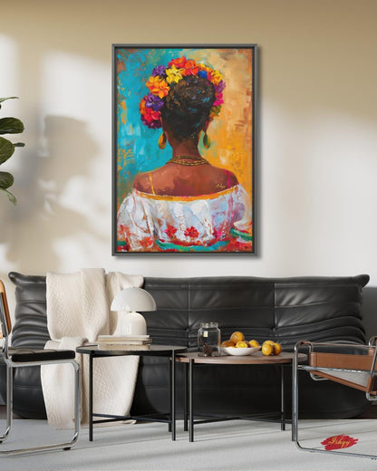 Mexican Art, Textured Mexican Woman Painting, Flower Crown Latina Mexican Decor, Canvas Wall Art, Framed Canvas Print, Extra Large Oversized