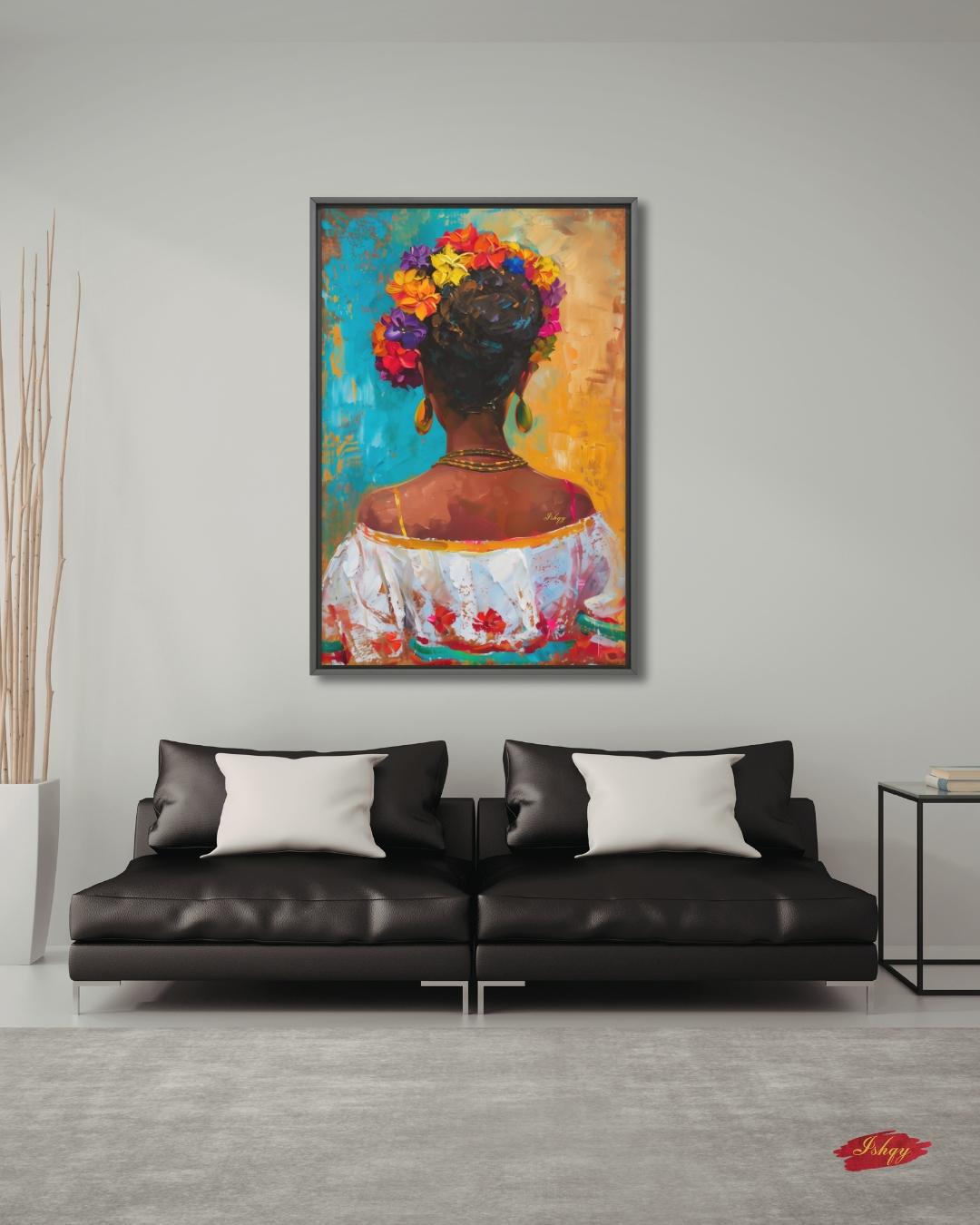 Mexican Art, Textured Mexican Woman Painting, Flower Crown Latina Mexican Decor, Canvas Wall Art, Framed Canvas Print, Extra Large Oversized