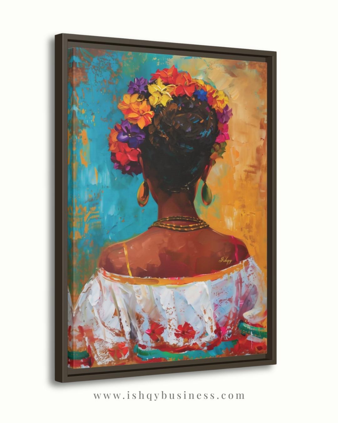 Mexican Art, Textured Mexican Woman Painting, Flower Crown Latina Mexican Decor, Canvas Wall Art, Framed Canvas Print, Extra Large Oversized