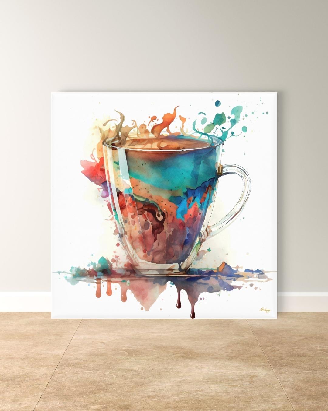 Colorful Coffee Cup Watercolor Painting Print, Vibrant Kitchen Wall Art, Modern Abstract Coffee Lovers Canvas for Dining Room or Café Decor