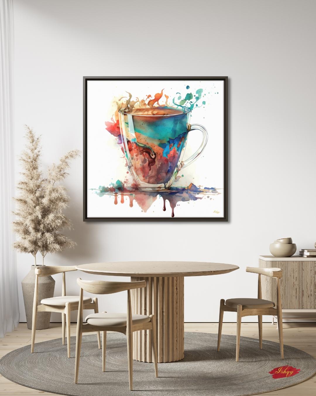 Colorful Coffee Cup Watercolor Painting Print, Vibrant Kitchen Wall Art, Modern Abstract Coffee Lovers Canvas for Dining Room or Café Decor