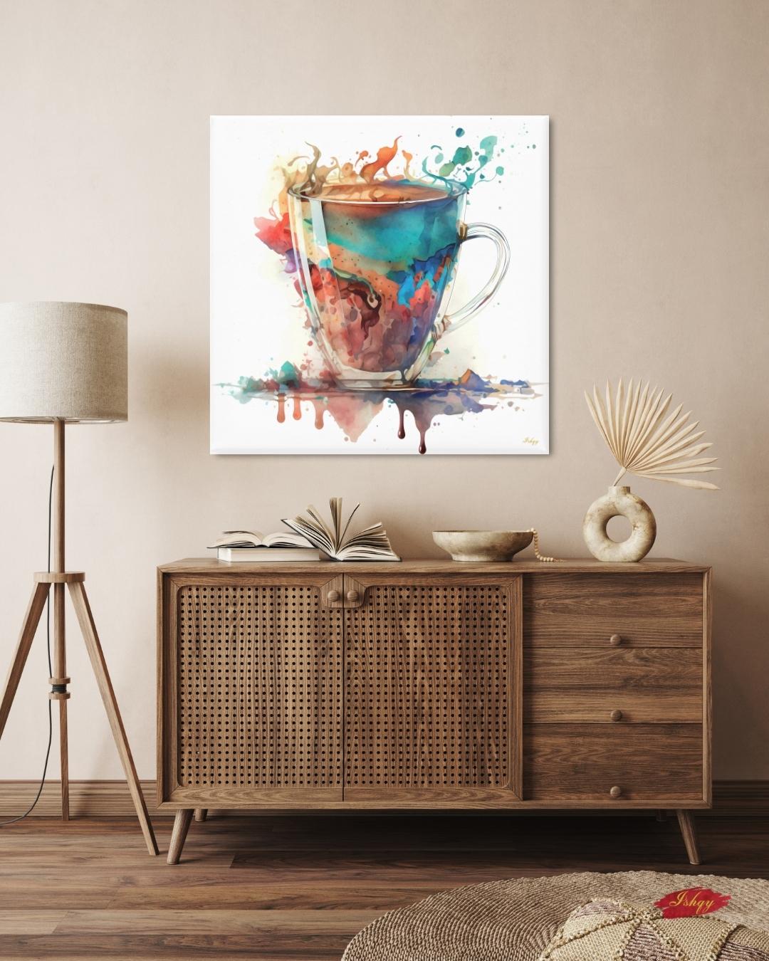 Colorful Coffee Cup Watercolor Painting Print, Vibrant Kitchen Wall Art, Modern Abstract Coffee Lovers Canvas for Dining Room or Café Decor