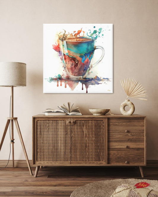 Colorful Coffee Cup Watercolor Painting Print, Vibrant Kitchen Wall Art, Modern Abstract Coffee Lovers Canvas for Dining Room or Café Decor
