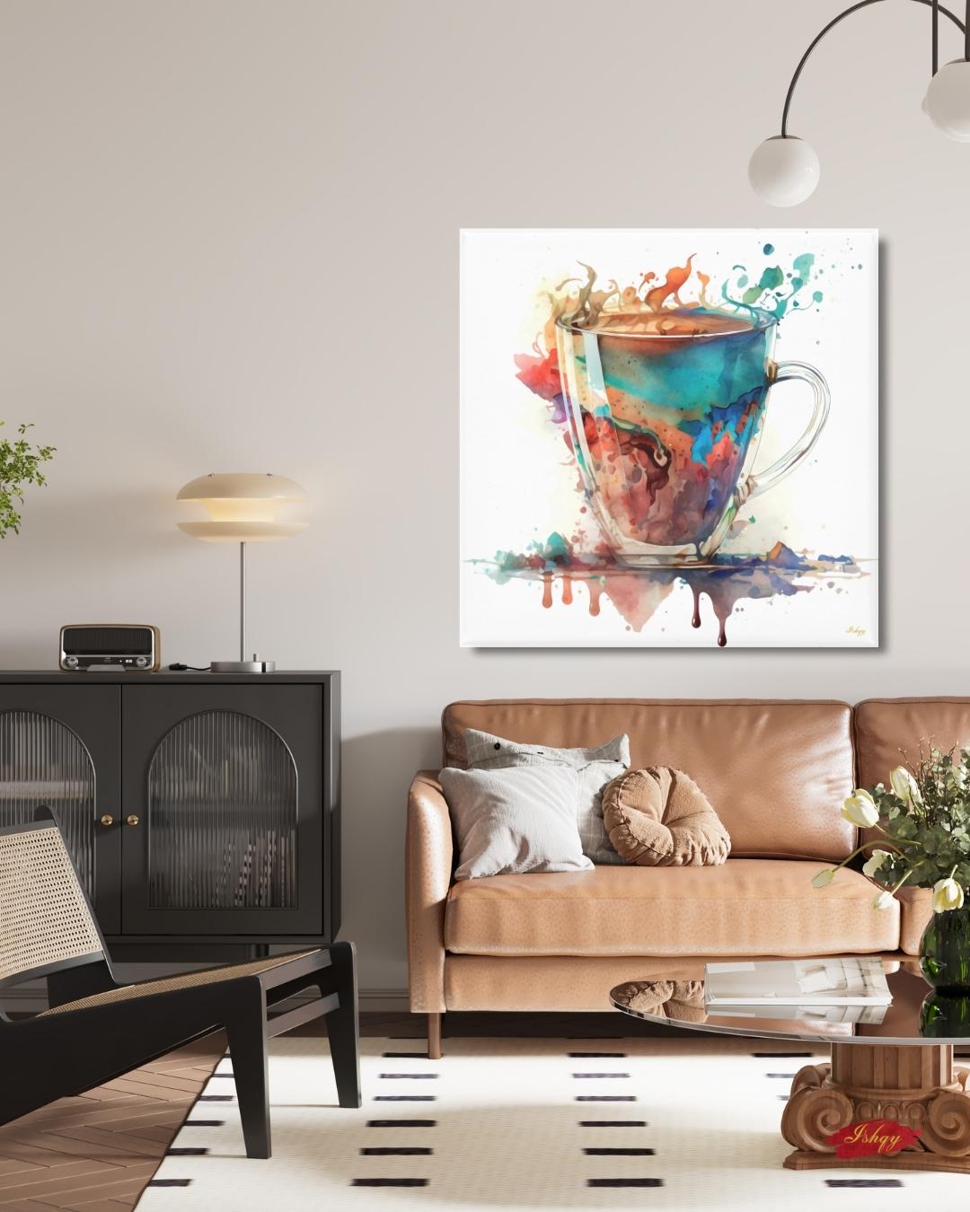 Colorful Coffee Cup Watercolor Painting Print, Vibrant Kitchen Wall Art, Modern Abstract Coffee Lovers Canvas for Dining Room or Café Decor