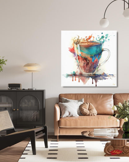 Colorful Coffee Cup Watercolor Painting Print, Vibrant Kitchen Wall Art, Modern Abstract Coffee Lovers Canvas for Dining Room or Café Decor