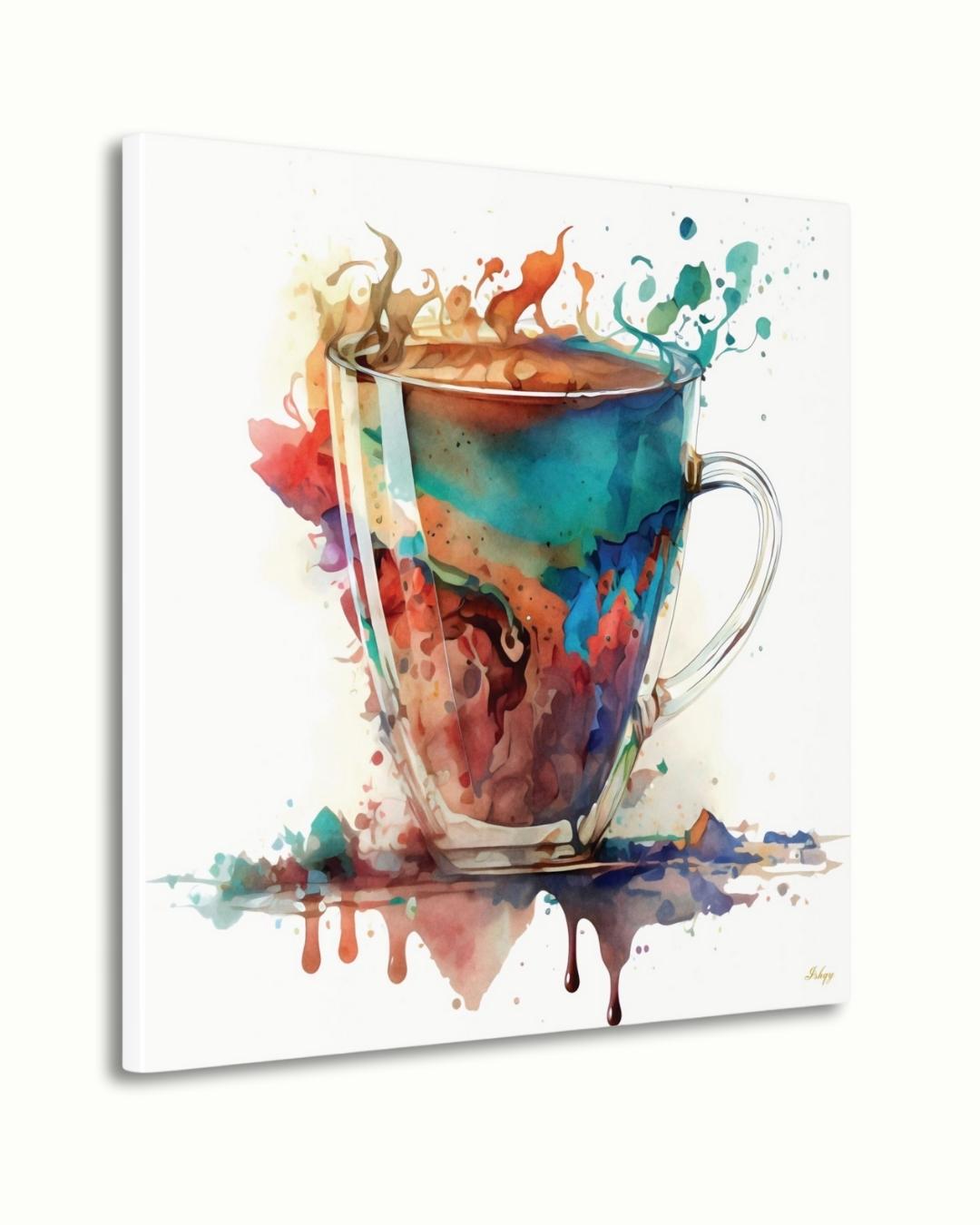 Colorful Coffee Cup Watercolor Painting Print, Vibrant Kitchen Wall Art, Modern Abstract Coffee Lovers Canvas for Dining Room or Café Decor