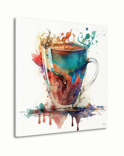 Colorful Coffee Cup Watercolor Painting Print, Vibrant Kitchen Wall Art, Modern Abstract Coffee Lovers Canvas for Dining Room or Café Decor