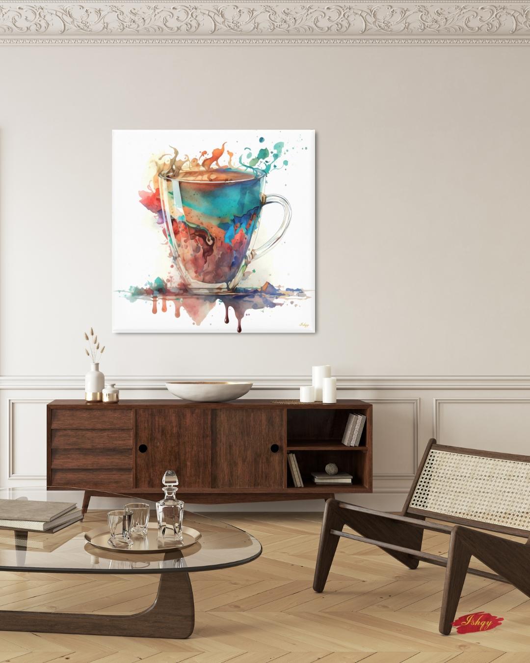 Colorful Coffee Cup Watercolor Painting Print, Vibrant Kitchen Wall Art, Modern Abstract Coffee Lovers Canvas for Dining Room or Café Decor