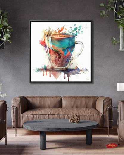 Colorful Coffee Cup Watercolor Painting Print, Vibrant Kitchen Wall Art, Modern Abstract Coffee Lovers Canvas for Dining Room or Café Decor