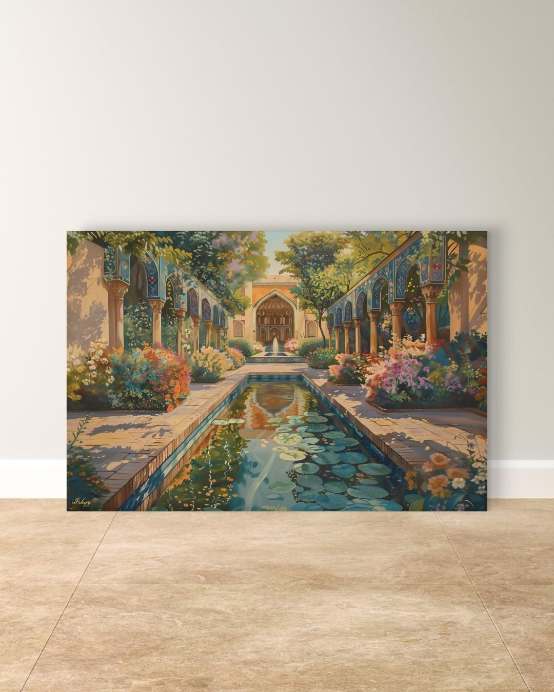 Persian Garden Wall Art Canvas Print of Shiraz Courtyard, Islamic Architecture Art Print, Colorful Floral Home Decor Landscape