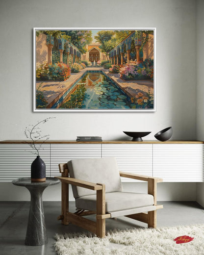 Persian Garden Wall Art Canvas Print of Shiraz Courtyard, Islamic Architecture Art Print, Colorful Floral Home Decor Landscape