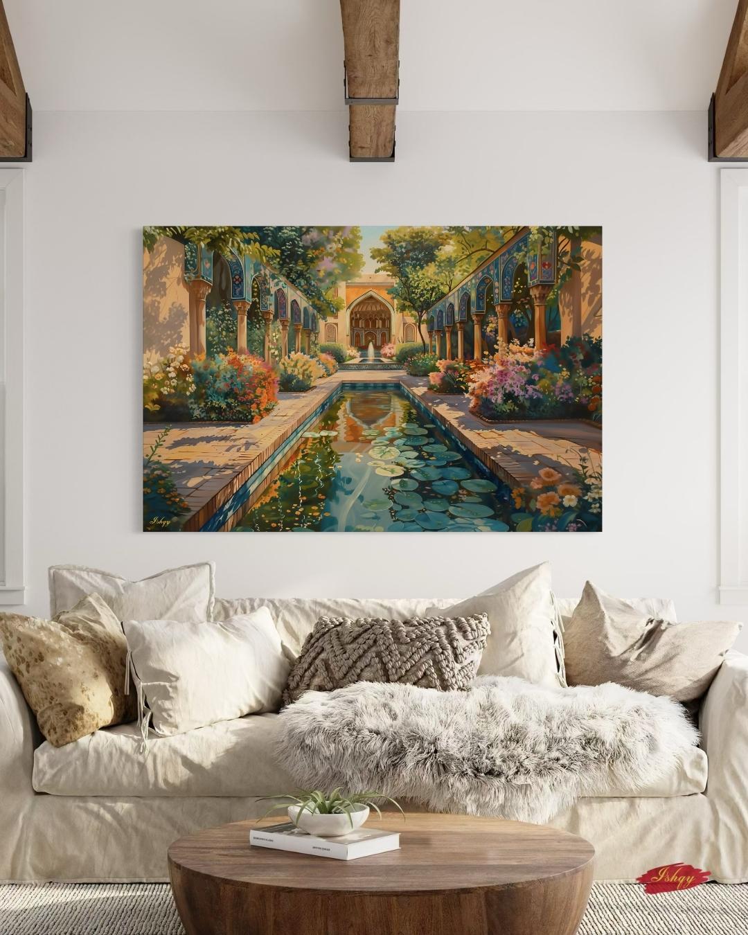 Persian Garden Wall Art Canvas Print of Shiraz Courtyard, Islamic Architecture Art Print, Colorful Floral Home Decor Landscape