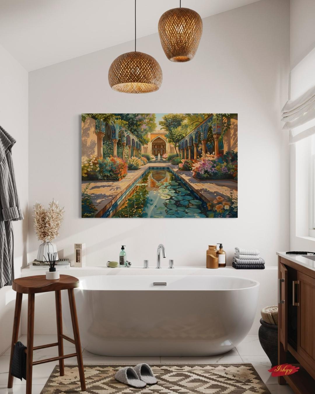 Persian Garden Wall Art Canvas Print of Shiraz Courtyard, Islamic Architecture Art Print, Colorful Floral Home Decor Landscape