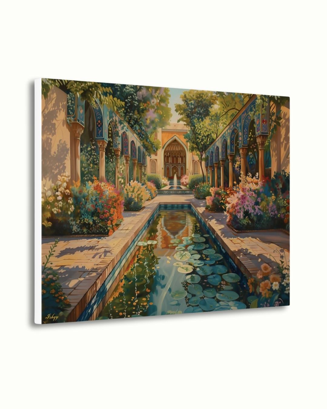 Persian Garden Wall Art Canvas Print of Shiraz Courtyard, Islamic Architecture Art Print, Colorful Floral Home Decor Landscape