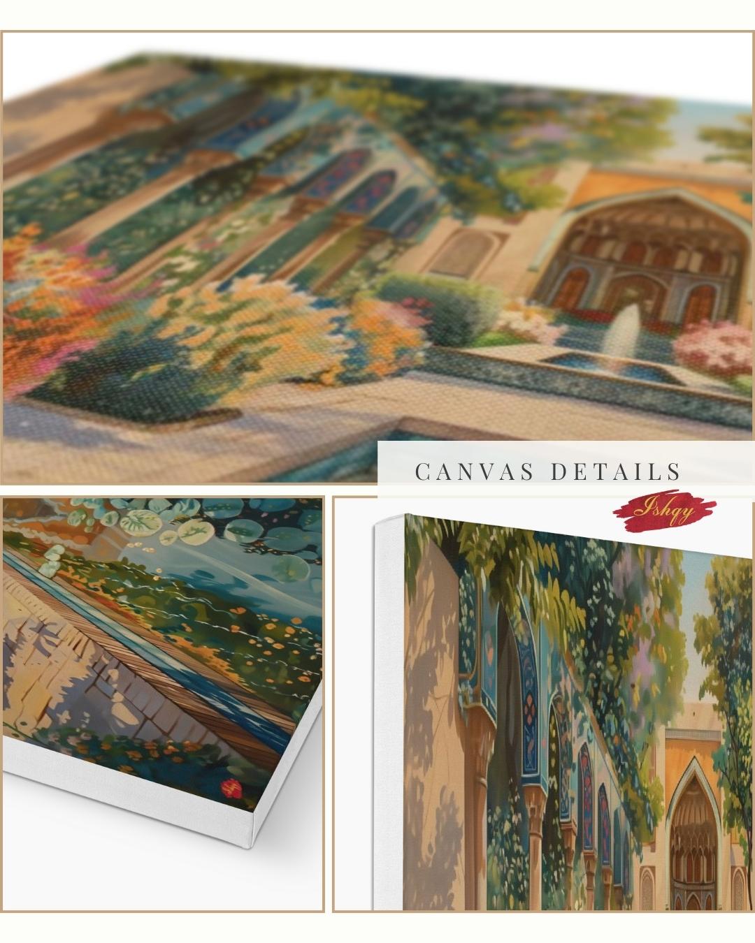 Persian Garden Wall Art Canvas Print of Shiraz Courtyard, Islamic Architecture Art Print, Colorful Floral Home Decor Landscape