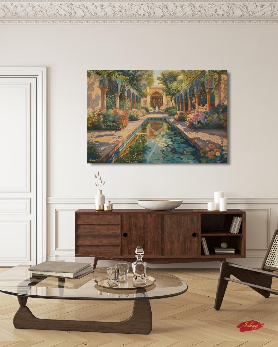 Persian Garden Wall Art Canvas Print of Shiraz Courtyard, Islamic Architecture Art Print, Colorful Floral Home Decor Landscape