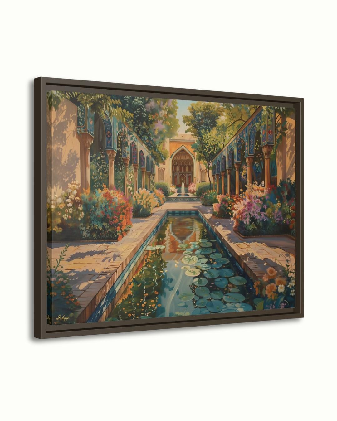 Persian Garden Wall Art Canvas Print of Shiraz Courtyard, Islamic Architecture Art Print, Colorful Floral Home Decor Landscape