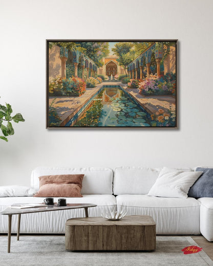 Persian Garden Wall Art Canvas Print of Shiraz Courtyard, Islamic Architecture Art Print, Colorful Floral Home Decor Landscape