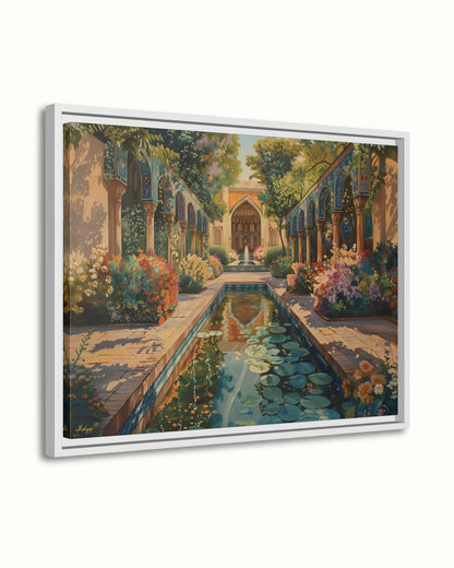 Persian Garden Wall Art Canvas Print of Shiraz Courtyard, Islamic Architecture Art Print, Colorful Floral Home Decor Landscape