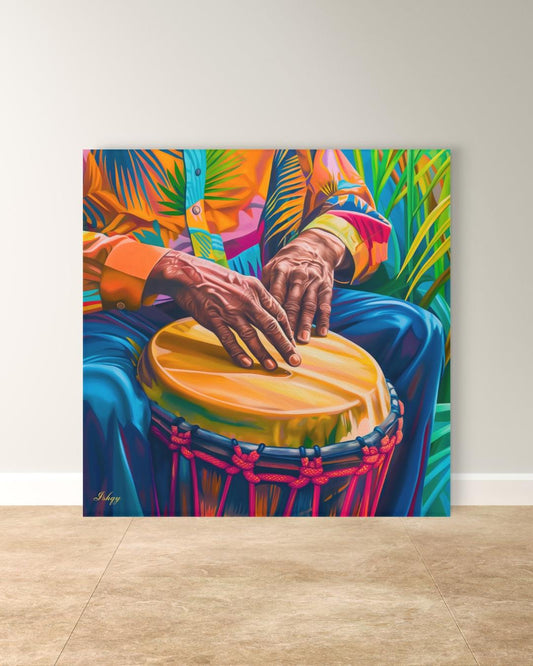 Garifuna Conga Drummer Painting Print on Canvas & Framed Canvas Afro-Caribbean Wall Art, Colorful Percussion Home Decor Art Print