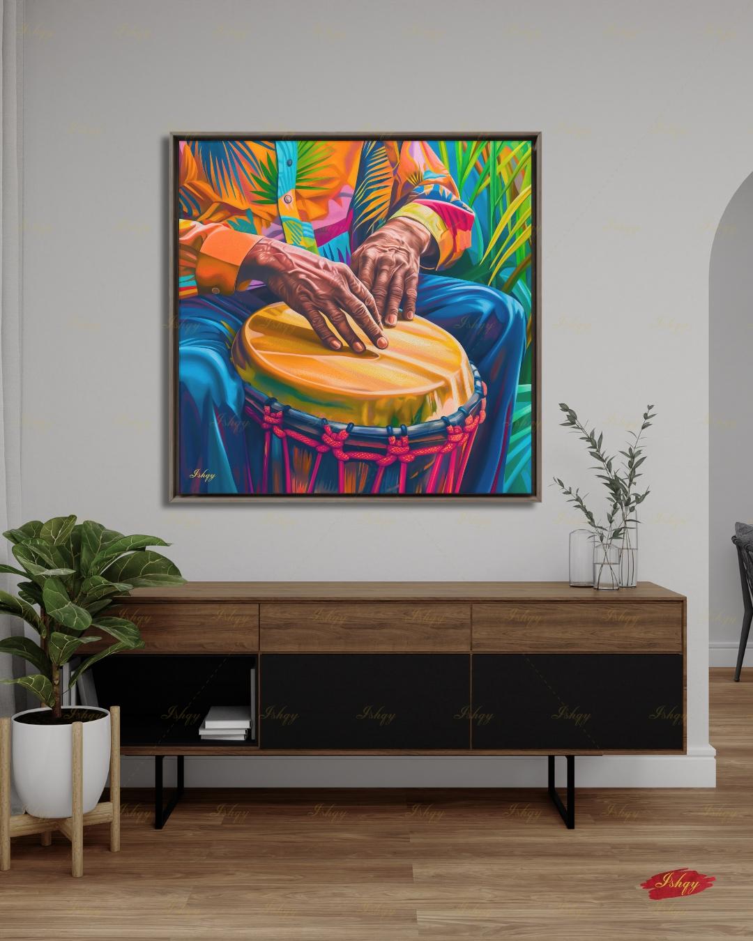 Garifuna Drummer Canvas Wall Art, Punta Drum Painting, Afro Caribbean Music Framed Canvas Print, Honduras Belize Culture, Music Room Decor