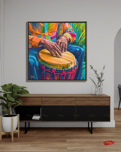 Garifuna Drummer Canvas Wall Art, Punta Drum Painting, Afro Caribbean Music Framed Canvas Print, Honduras Belize Culture, Music Room Decor