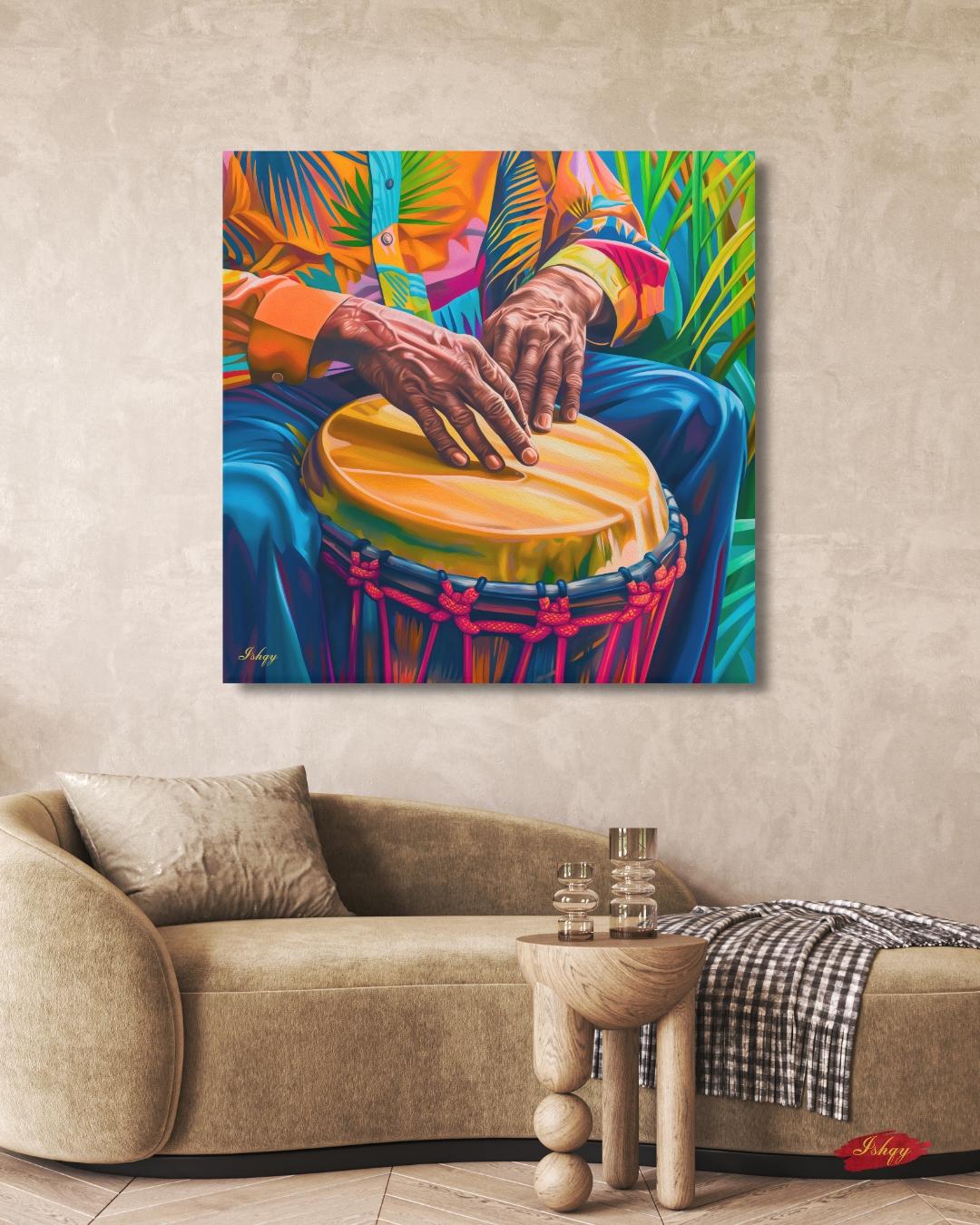 Garifuna Conga Drummer Painting Print on Canvas & Framed Canvas Afro-Caribbean Wall Art, Colorful Percussion Home Decor Art Print