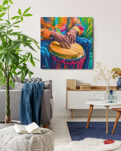 Garifuna Conga Drummer Painting Print on Canvas & Framed Canvas Afro-Caribbean Wall Art, Colorful Percussion Home Decor Art Print