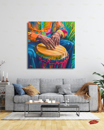 Garifuna Drummer Canvas Wall Art, Punta Drum Painting, Afro Caribbean Music Framed Canvas Print, Honduras Belize Culture, Music Room Decor
