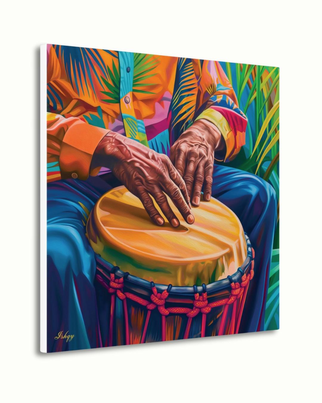 Garifuna Conga Drummer Painting Print on Canvas & Framed Canvas Afro-Caribbean Wall Art, Colorful Percussion Home Decor Art Print