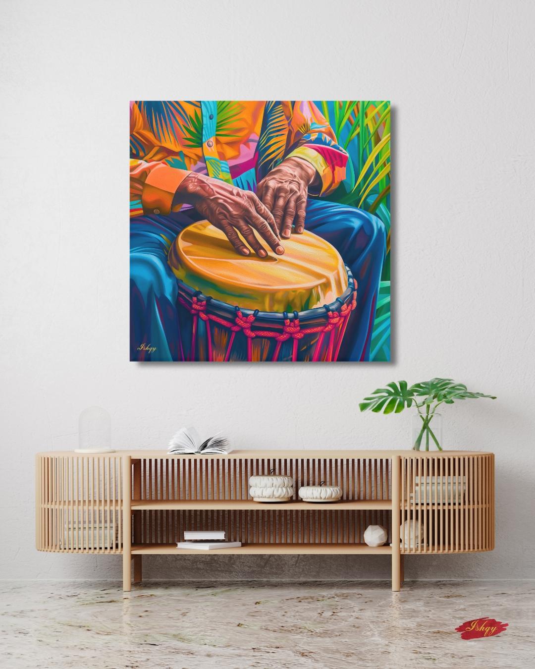 Garifuna Conga Drummer Painting Print on Canvas & Framed Canvas Afro-Caribbean Wall Art, Colorful Percussion Home Decor Art Print