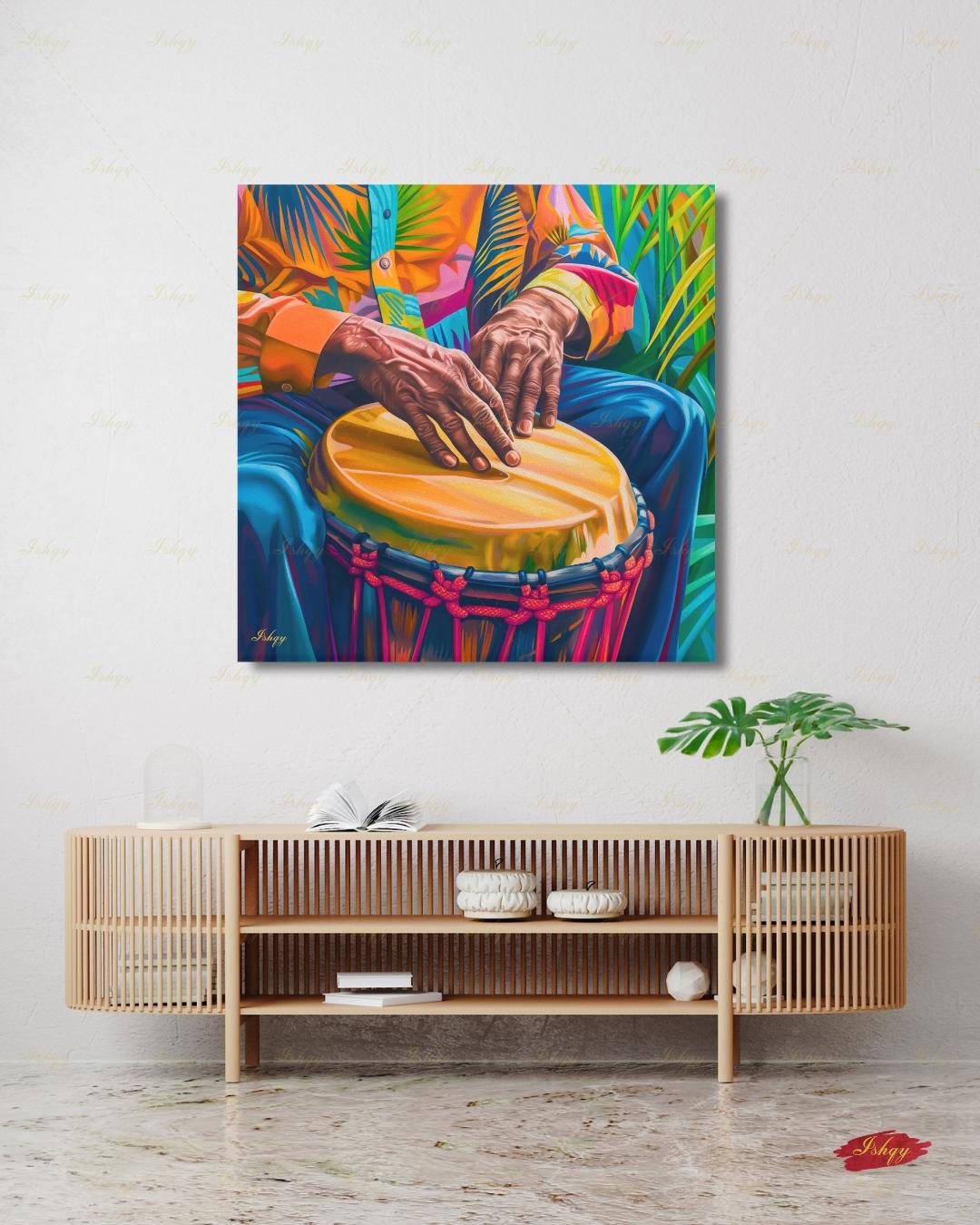 Garifuna Drummer Canvas Wall Art, Punta Drum Painting, Afro Caribbean Music Framed Canvas Print, Honduras Belize Culture, Music Room Decor