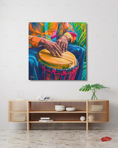 Garifuna Drummer Canvas Wall Art, Punta Drum Painting, Afro Caribbean Music Framed Canvas Print, Honduras Belize Culture, Music Room Decor