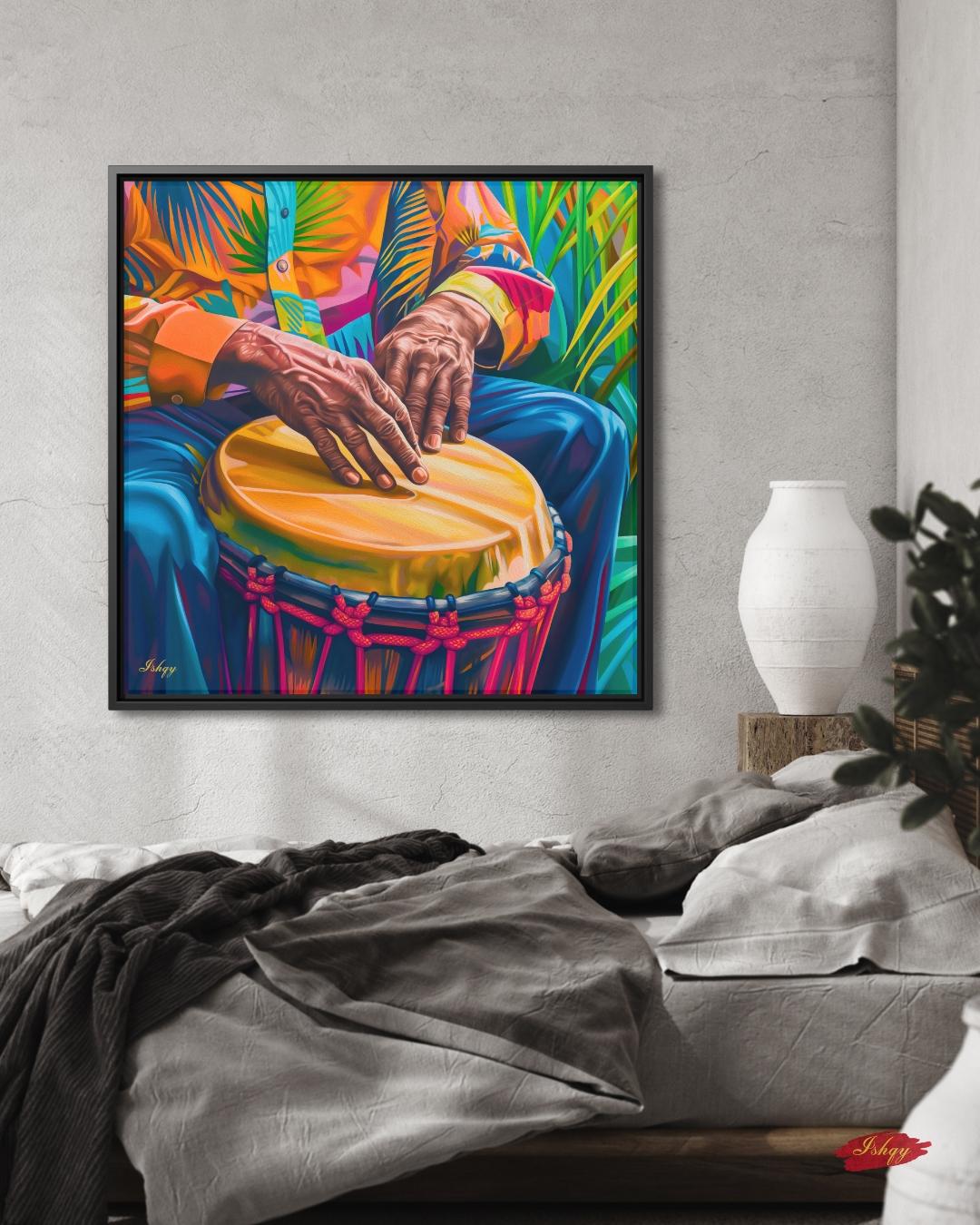 Garifuna Conga Drummer Painting Print on Canvas & Framed Canvas Afro-Caribbean Wall Art, Colorful Percussion Home Decor Art Print