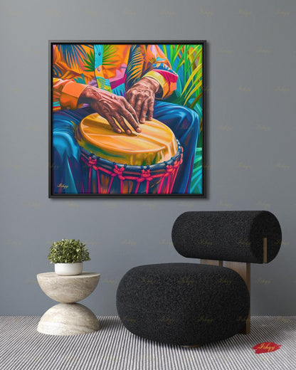Garifuna Drummer Canvas Wall Art, Punta Drum Painting, Afro Caribbean Music Framed Canvas Print, Honduras Belize Culture, Music Room Decor