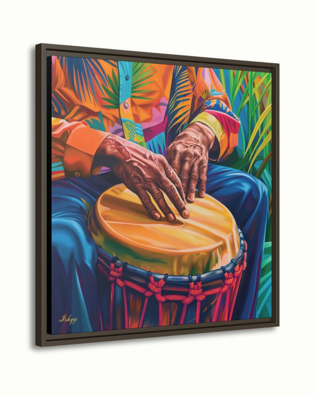 Garifuna Conga Drummer Painting Print on Canvas & Framed Canvas Afro-Caribbean Wall Art, Colorful Percussion Home Decor Art Print