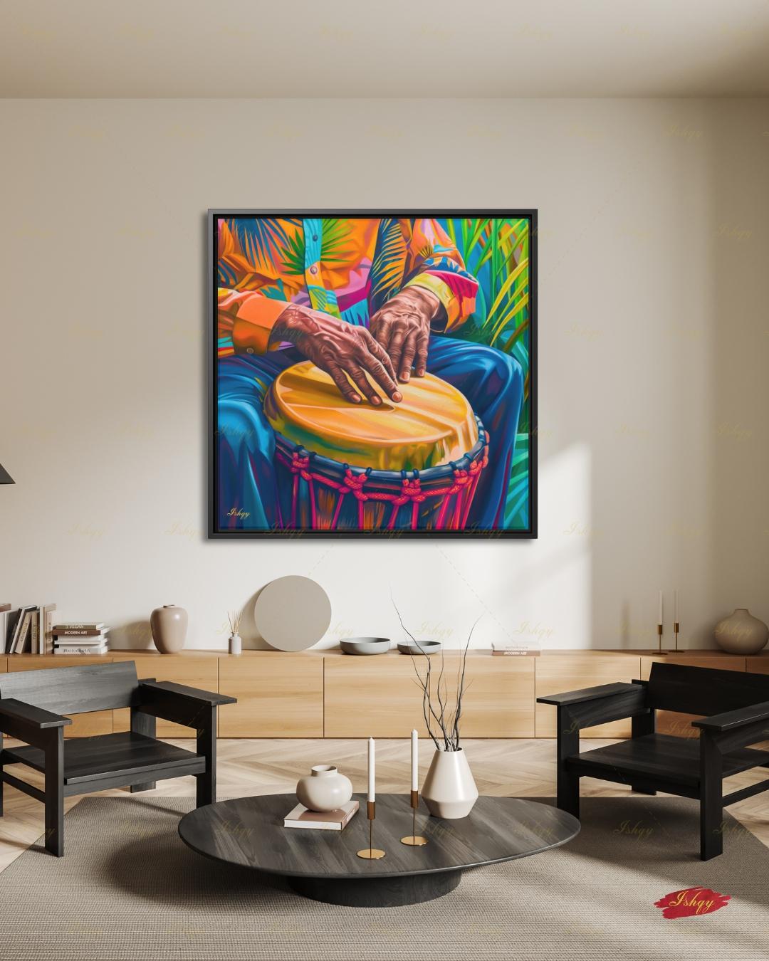 Garifuna Drummer Canvas Wall Art, Punta Drum Painting, Afro Caribbean Music Framed Canvas Print, Honduras Belize Culture, Music Room Decor