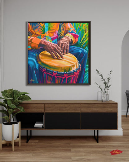 Garifuna Conga Drummer Painting Print on Canvas & Framed Canvas Afro-Caribbean Wall Art, Colorful Percussion Home Decor Art Print