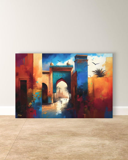 Moroccan Wall Art, Marrakesh Archway Painting Print – Vibrant Sunset Market View, Framed Morocco Print, Exotic Travel Decor Gift for Home