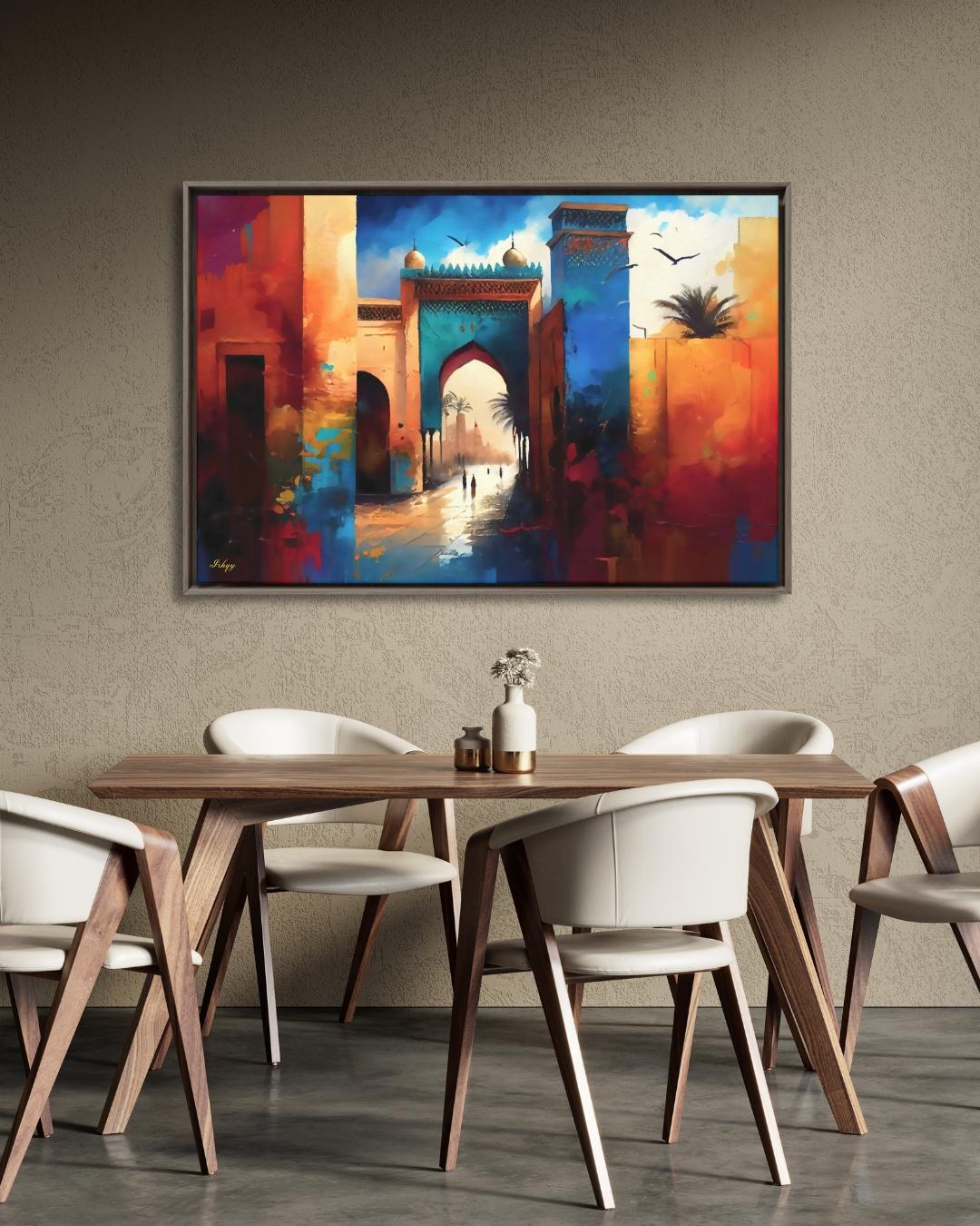 Marrakesh Wall Art, Morocco City Gate Painting Print, Colorful Medina Architecture, Boho Travel Decor, Islamic Archway Canvas Art