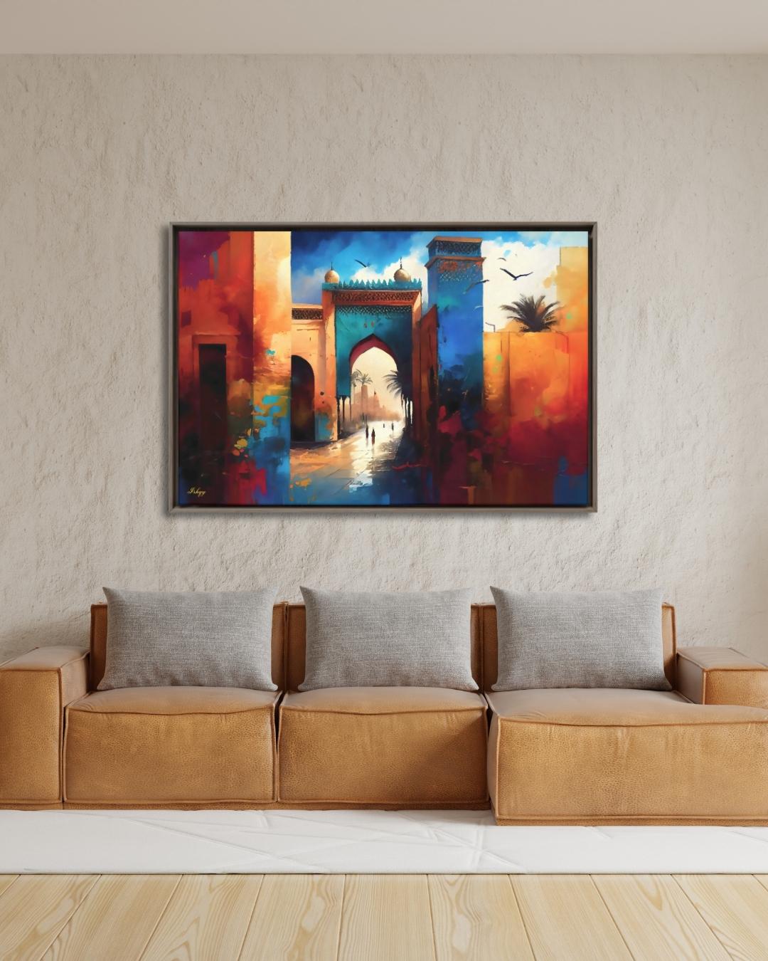 Marrakesh Wall Art, Morocco City Gate Painting Print, Colorful Medina Architecture, Boho Travel Decor, Islamic Archway Canvas Art