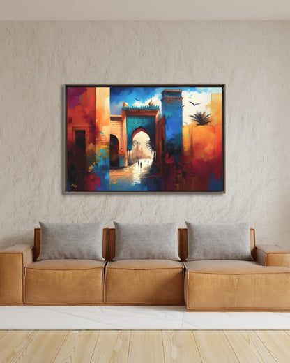 Marrakesh Wall Art, Morocco City Gate Painting Print, Colorful Medina Architecture, Boho Travel Decor, Islamic Archway Canvas Art