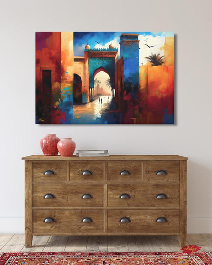 Moroccan Wall Art, Marrakesh Archway Painting Print – Vibrant Sunset Market View, Framed Morocco Print, Exotic Travel Decor Gift for Home