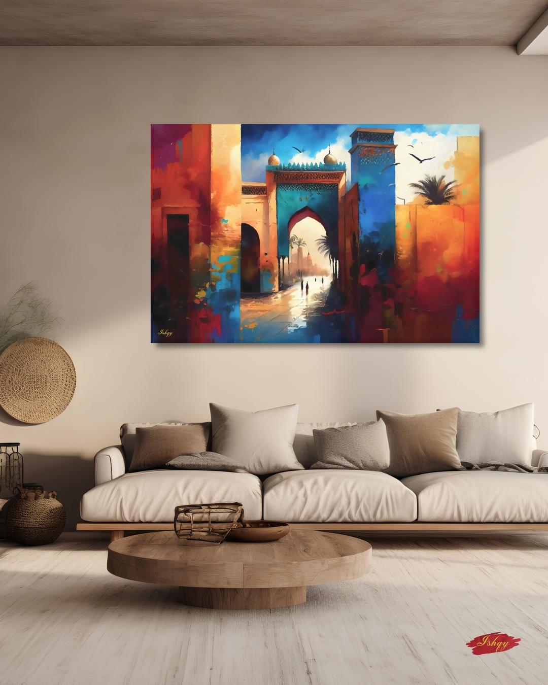 Moroccan Wall Art, Marrakesh Archway Painting Print – Vibrant Sunset Market View, Framed Morocco Print, Exotic Travel Decor Gift for Home