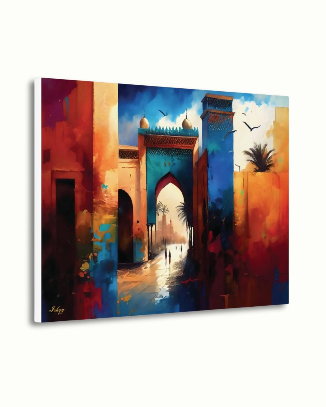 Moroccan Wall Art, Marrakesh Archway Painting Print – Vibrant Sunset Market View, Framed Morocco Print, Exotic Travel Decor Gift for Home